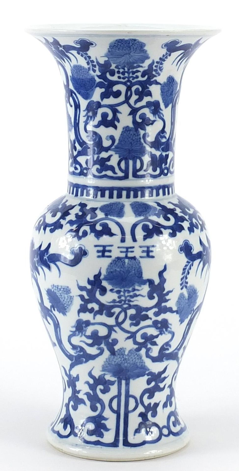 Chinese blue and white porcelain Yen Yen vase hand painted with flowers, Kangxi blue ring marks to