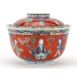 Chinese Wucai porcelain bowl and cover hand painted with figures, flowers and dragons, characte