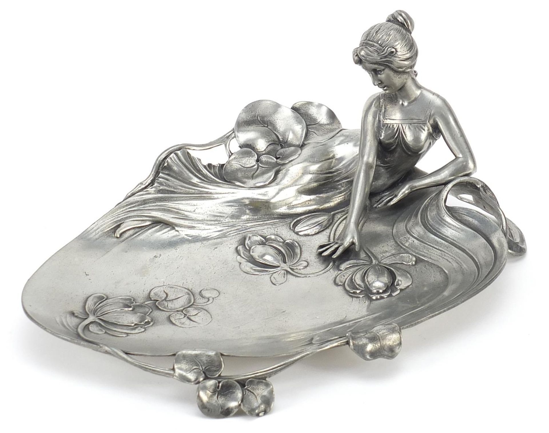 WMF style pewter card tray in the form of a maiden beside a lily pad, 25.5cm wide
