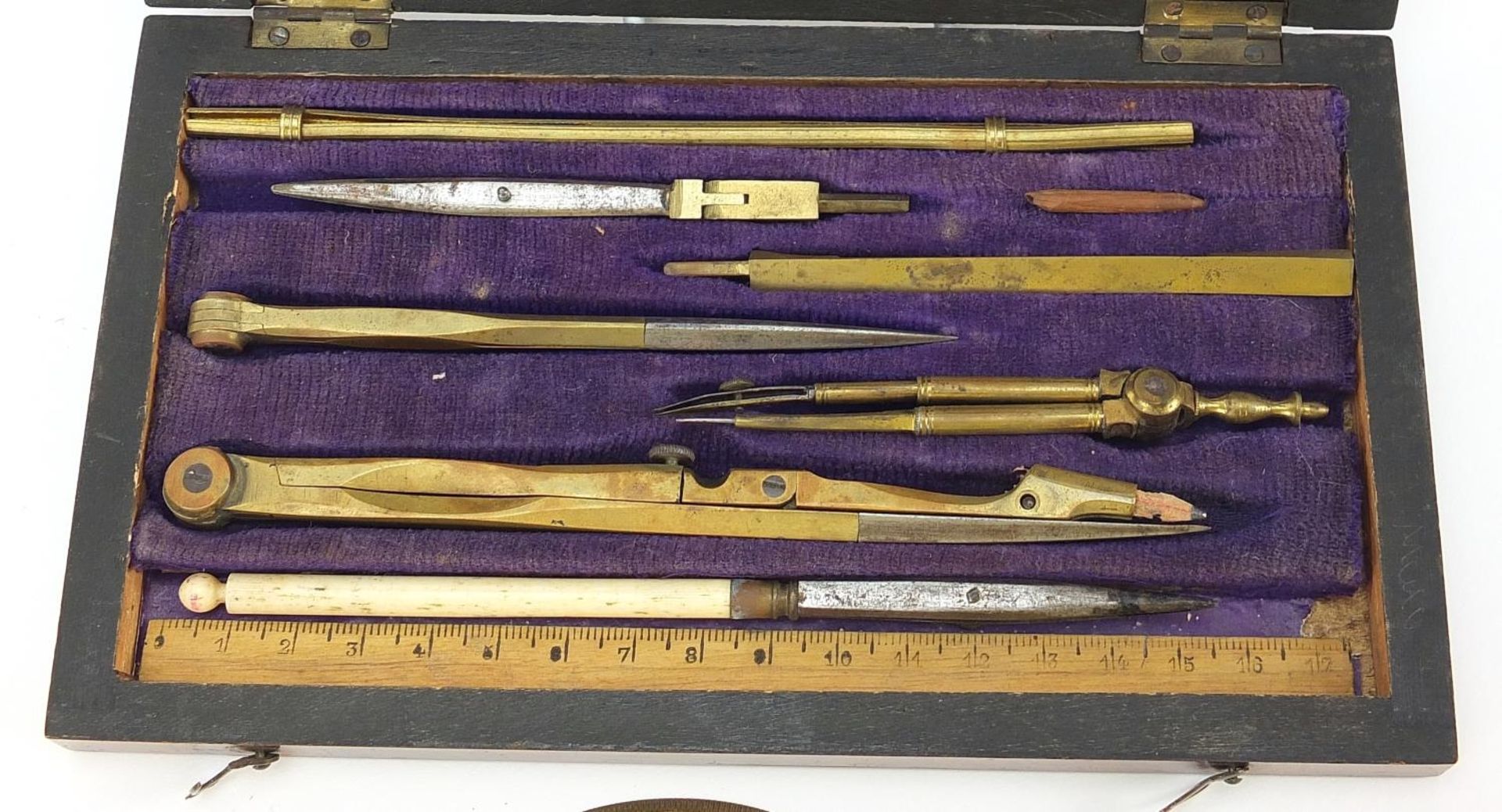 Early 19th century rosewood drawing set with implements including two protractors, 20cm wide - Image 2 of 4