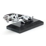 Chrome Jaguar car mascot raised on a black slate base, 20.5cm in length