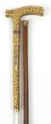 Edwardian bamboo walking sword stick with ornate gilt metal mounts and steel blade, 89cm in length