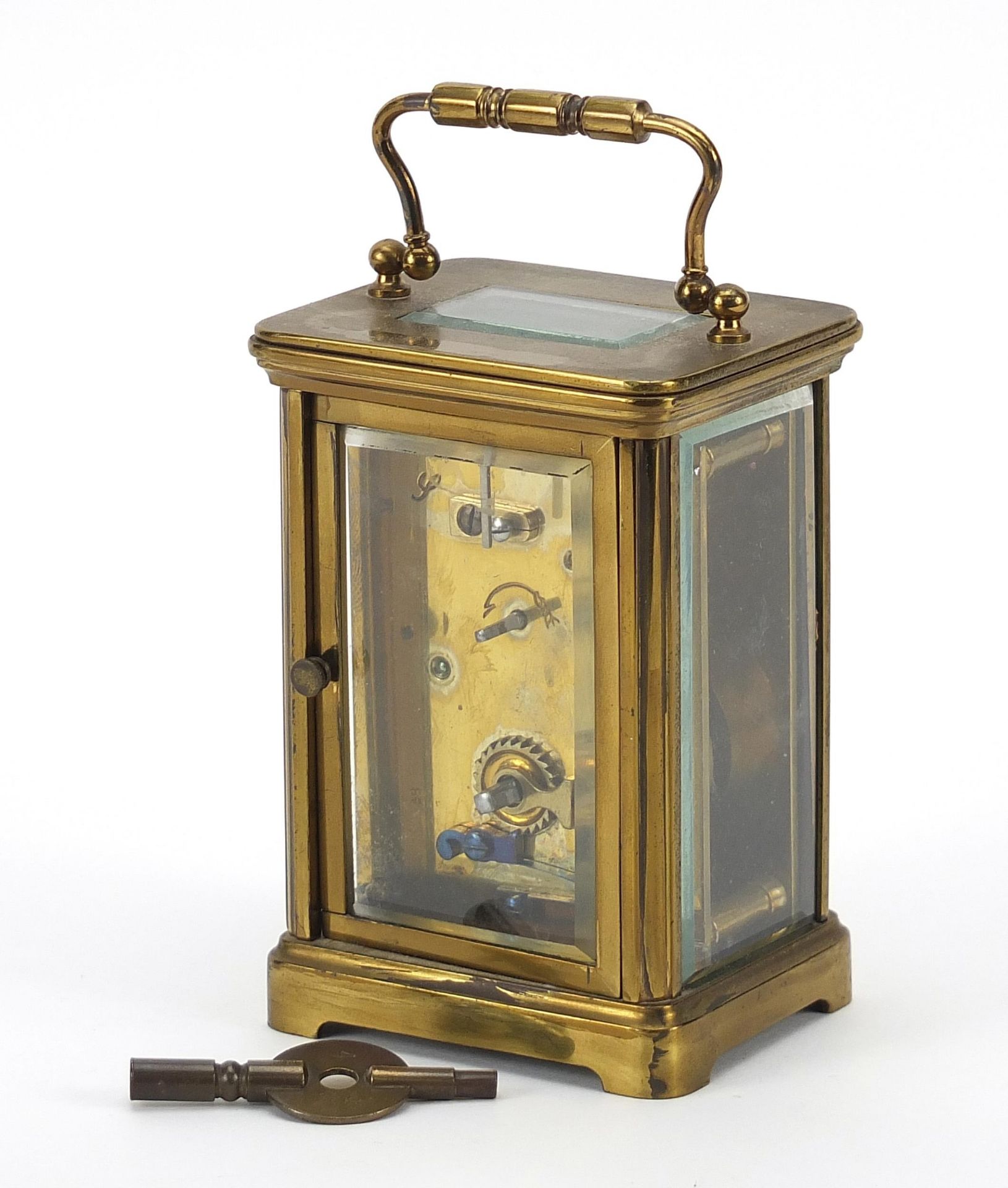 Brass cased carriage clock with enamelled dial and Roman numerals, 11cm high - Image 2 of 3