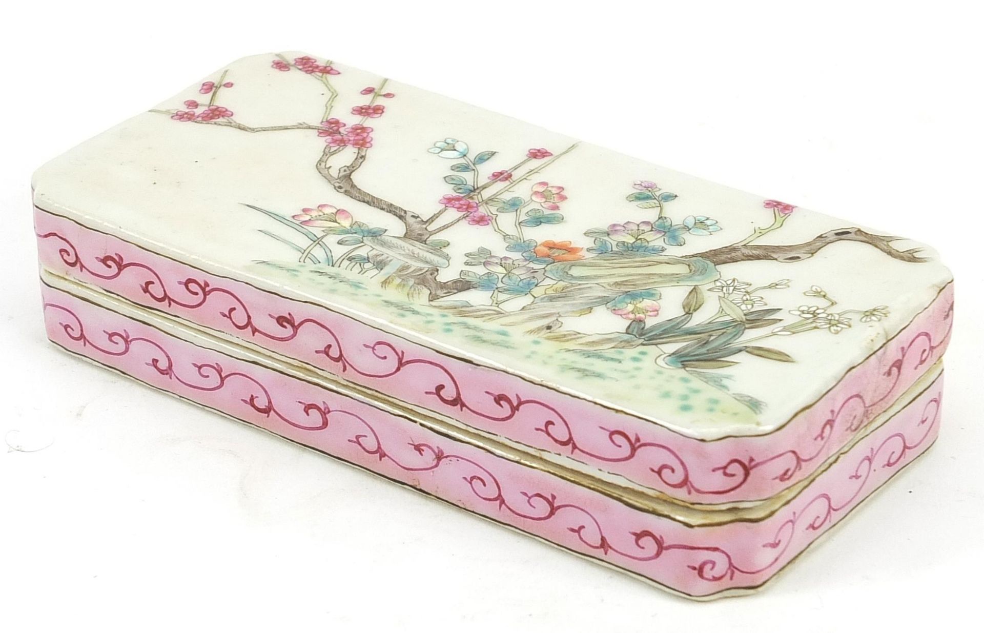 Chinese porcelain scribe's box and cover hand painted in the famille rose palette with flowers and