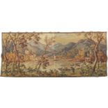 Rectangular tapestry wall hanging woven with figures before a continental lake scene, 160cm x 68cm