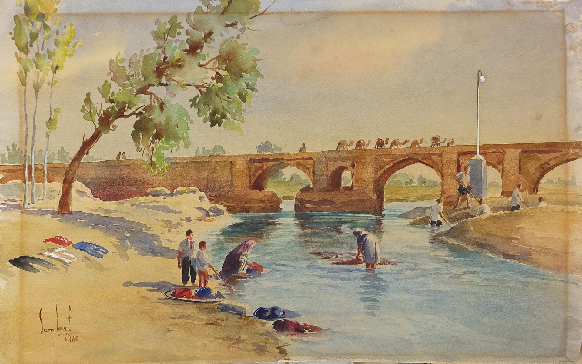 Sumbat Kureghian - River scene with camels and figures, Iranian heightened watercolour on card, - Image 2 of 5