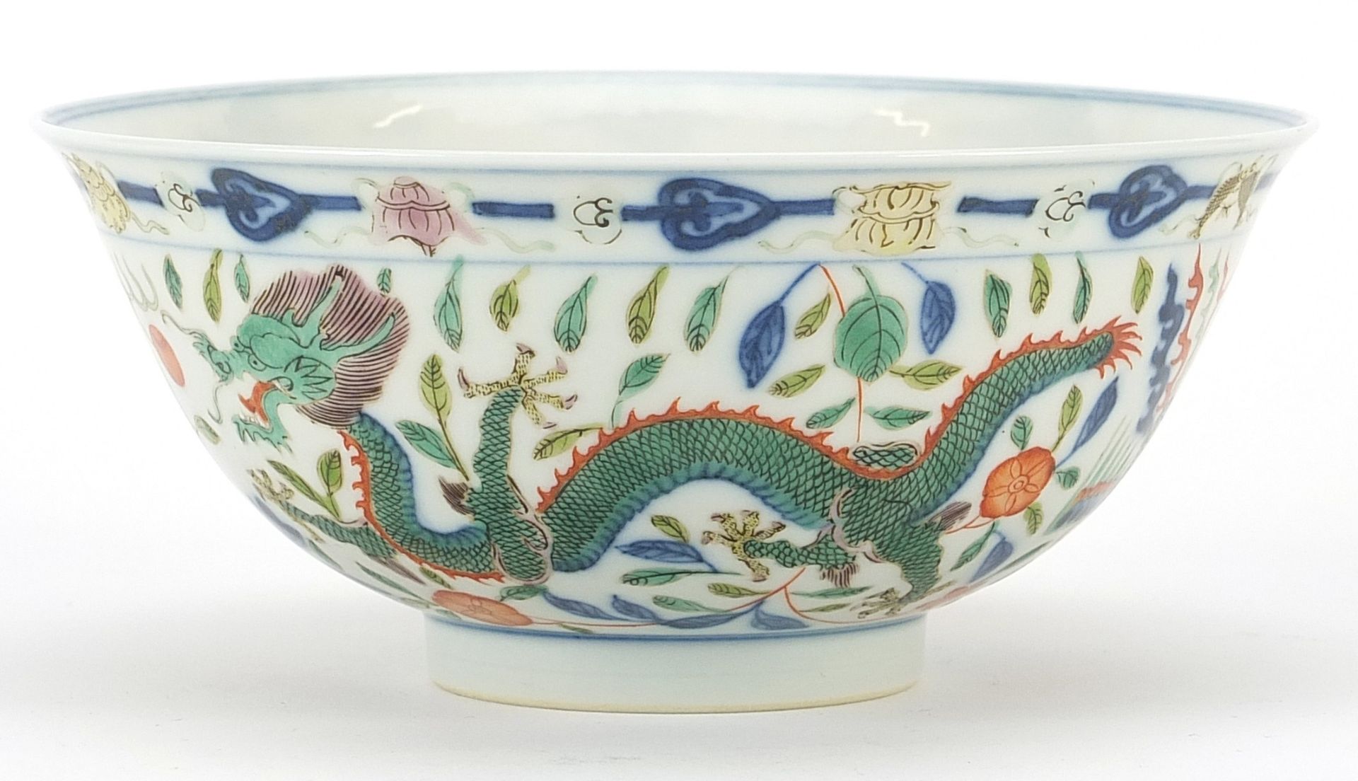 Chinese doucai porcelain bowl finely hand painted with phoenixes and dragons amongst flowers, six - Image 2 of 4