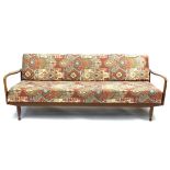 Mid century Scandinavian teak sofa bed with geometric upholstery, 205cm wide