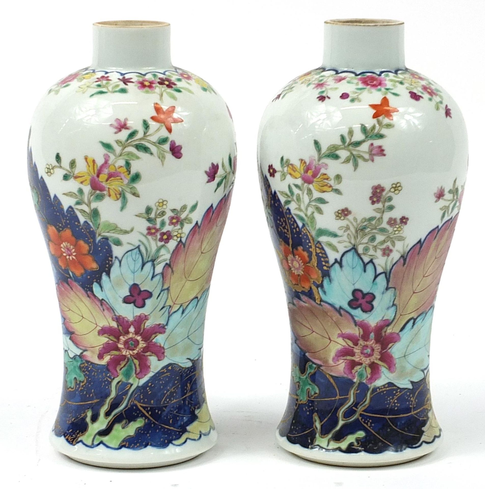 Pair of Chinese underglaze blue and famille rose porcelain baluster vases hand painted with flowers,