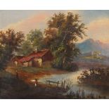 River landscape with figures, late 19th/early 20th century oil on canvas, mounted and framed, 25cm x