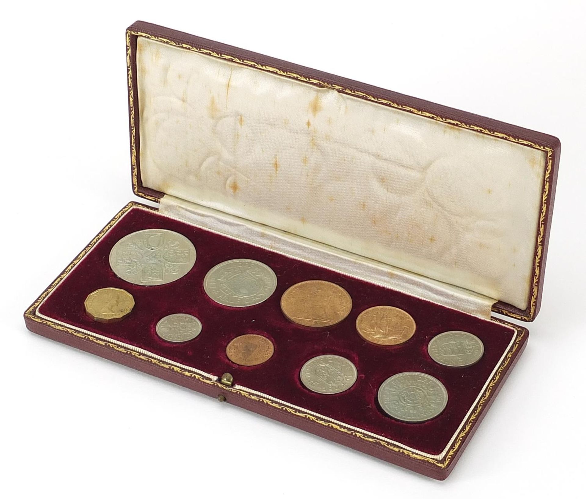 Elizabeth II 1953 specimen coin set housed in a velvet lined tooled leather case, 20cm wide