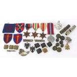 Militaria including World War II stars, Weingarten's wristwatch, Totem lighter and buttons