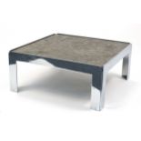 Contemporary chrome and grey slate coffee table, 39cm H x 90cm W x 90cm D