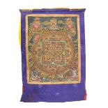 Tibetan wall hanging thangka hand painted with deities and flowers, 63cm x 47.5cm excluding the