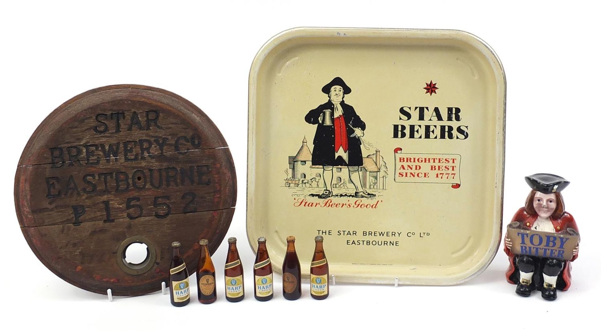 Vintage and later breweriana including Star Brewery Eastbourne wooden plaque, tray and miniature