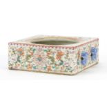 Chinese porcelain square section brush washer with animalia handles, finely hand painted in the