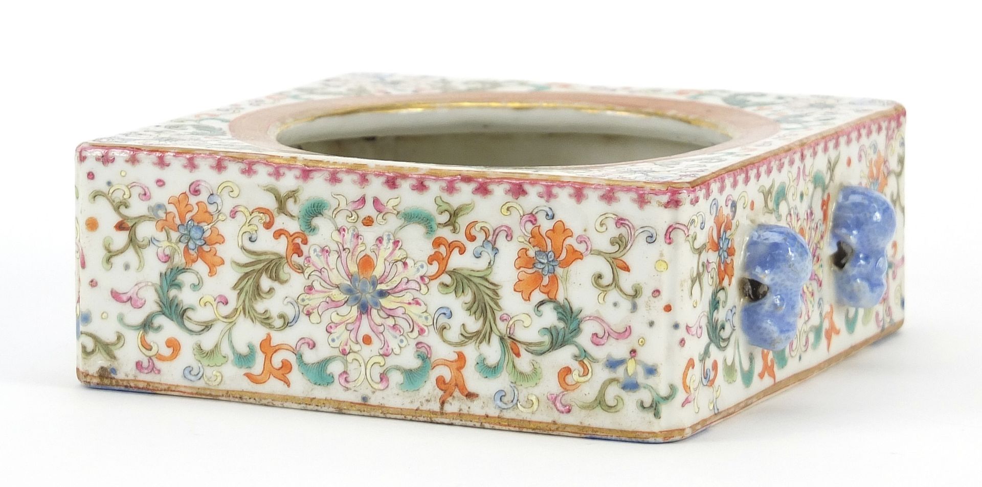 Chinese porcelain square section brush washer with animalia handles, finely hand painted in the