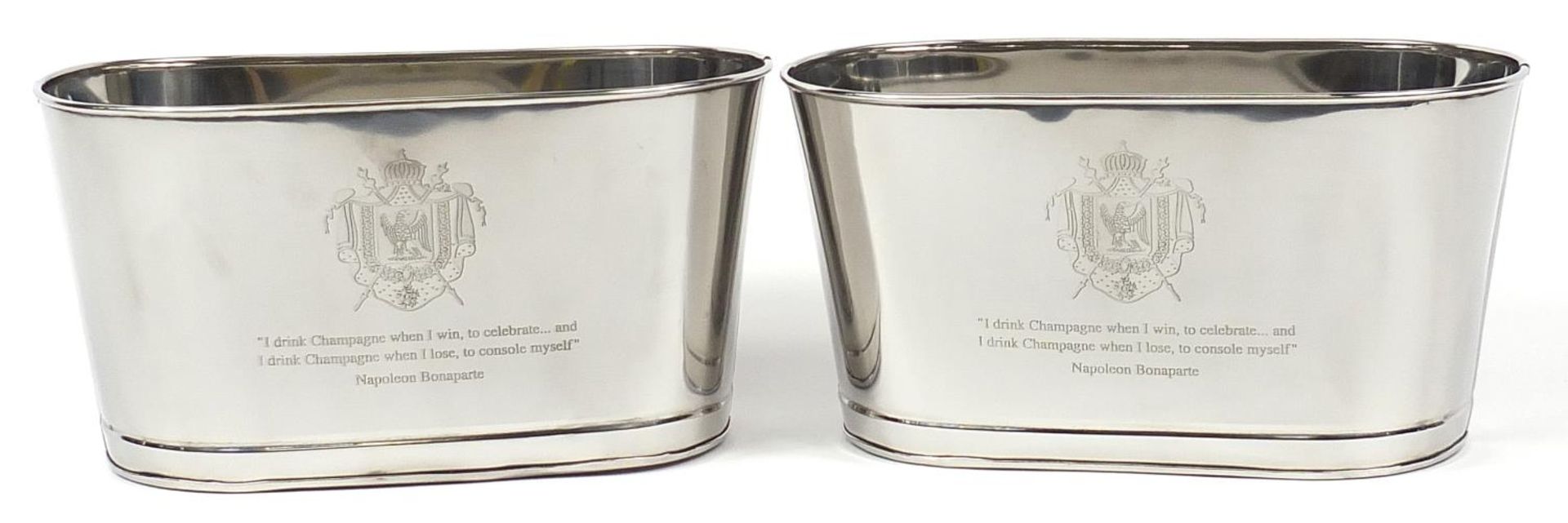 Pair of Champagne buckets with Napoleon Bonaparte and Lily Bollinger mottoes, 18.5cm H x 35cm W x