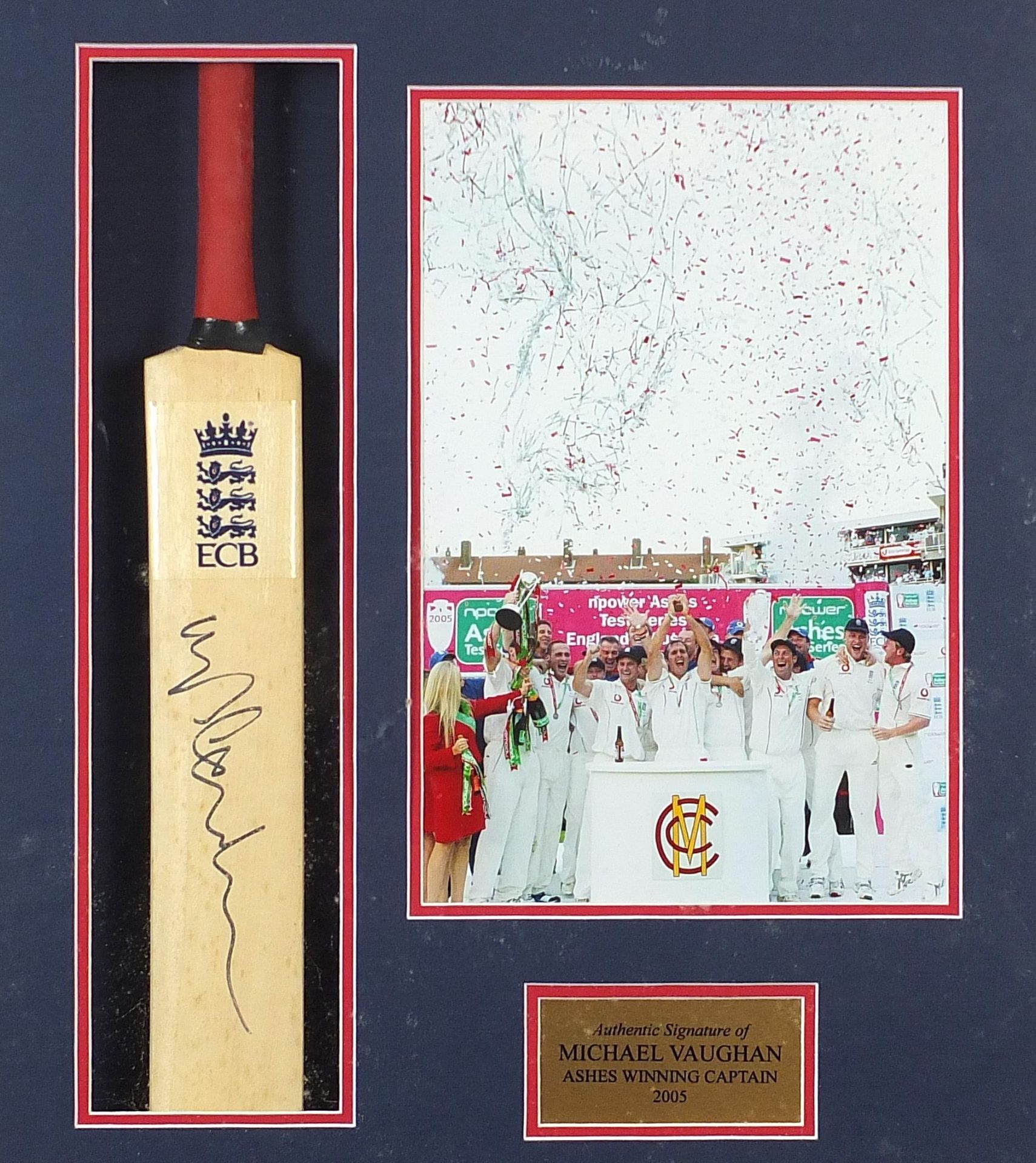 Michael Vaughan signed miniature cricket bat display, mounted, framed and glazed, overall 52cm x