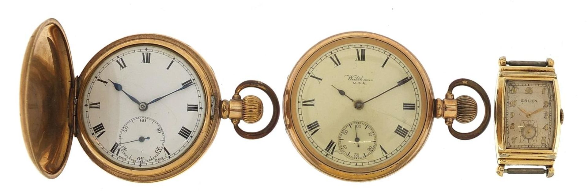 Three watches comprising vintage gentlemen's Gruen wristwatch, gold plated Waltham open face