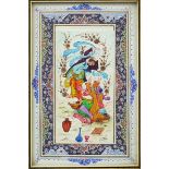 Persian rectangular panel hand painted with two figures housed in a Vizagapatam style frame, overall