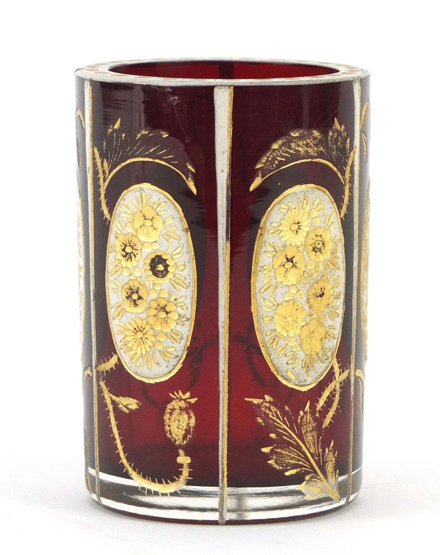 Bohemian ruby glass vase, gilded with flowers and thistles, 7.5cm high There are a few small chips - Image 3 of 8