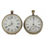 Two ladies silver open face pocket watches with enamel dials , 37mm and 35mm in diameter