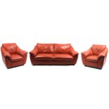 Ikea orange leather two seater sofa bed and two armchairs, the sofa 200cm wide