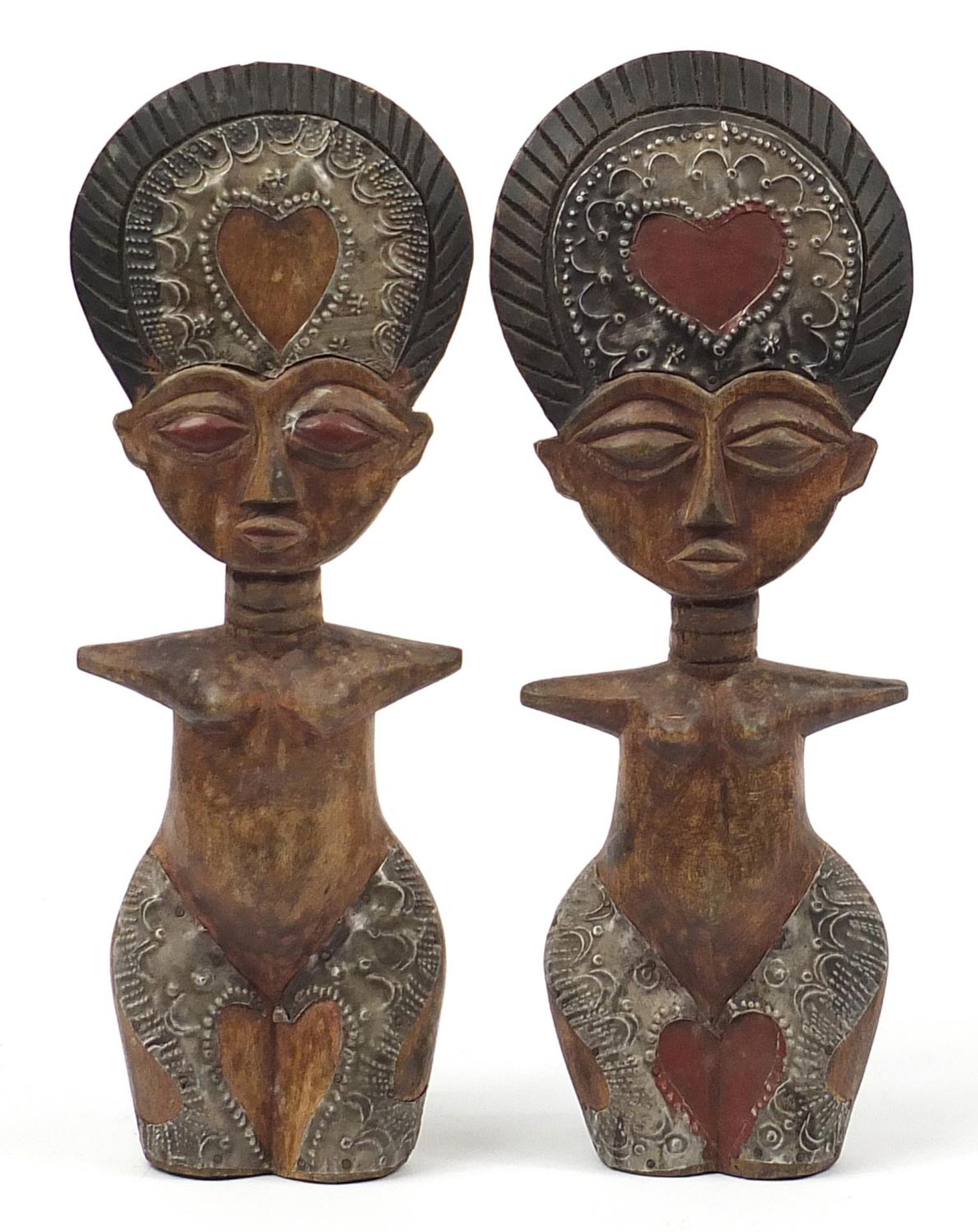 Pair of African tribal interest carved hardwood fertility figures, each 37.5cm high