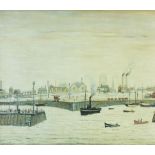 After Laurence Stephen Lowry - Boats on water before buildings, print in colour, mounted, framed and