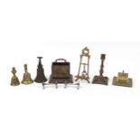 19th century and later metalware including three classical bronzed bells, one with Napoleon