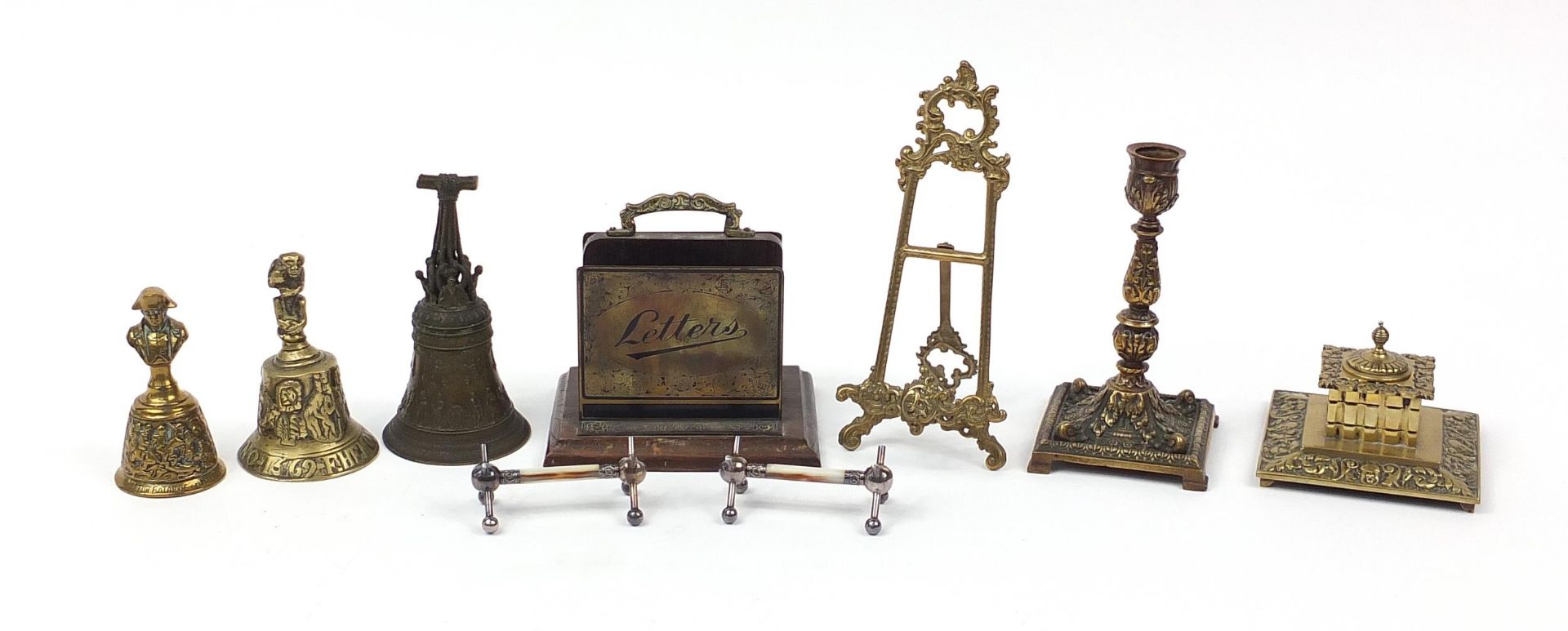 19th century and later metalware including three classical bronzed bells, one with Napoleon