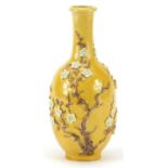 Chinese porcelain yellow ground vase, hand painted and decorated in relief with a butterfly