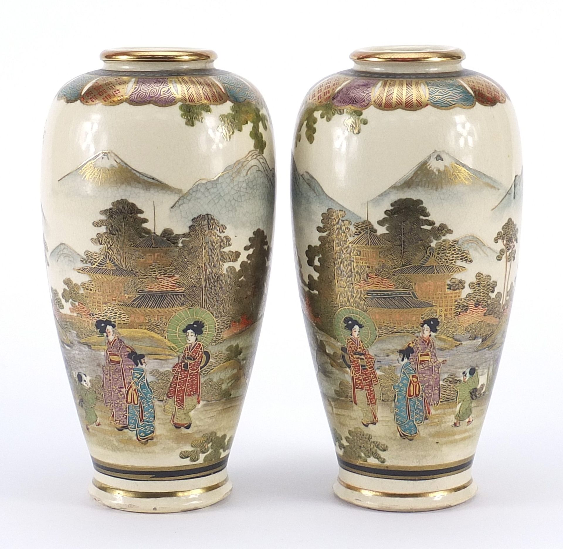 Pair of Japanese Satsuma pottery vases hand painted with Geishas in landscapes, character marks to