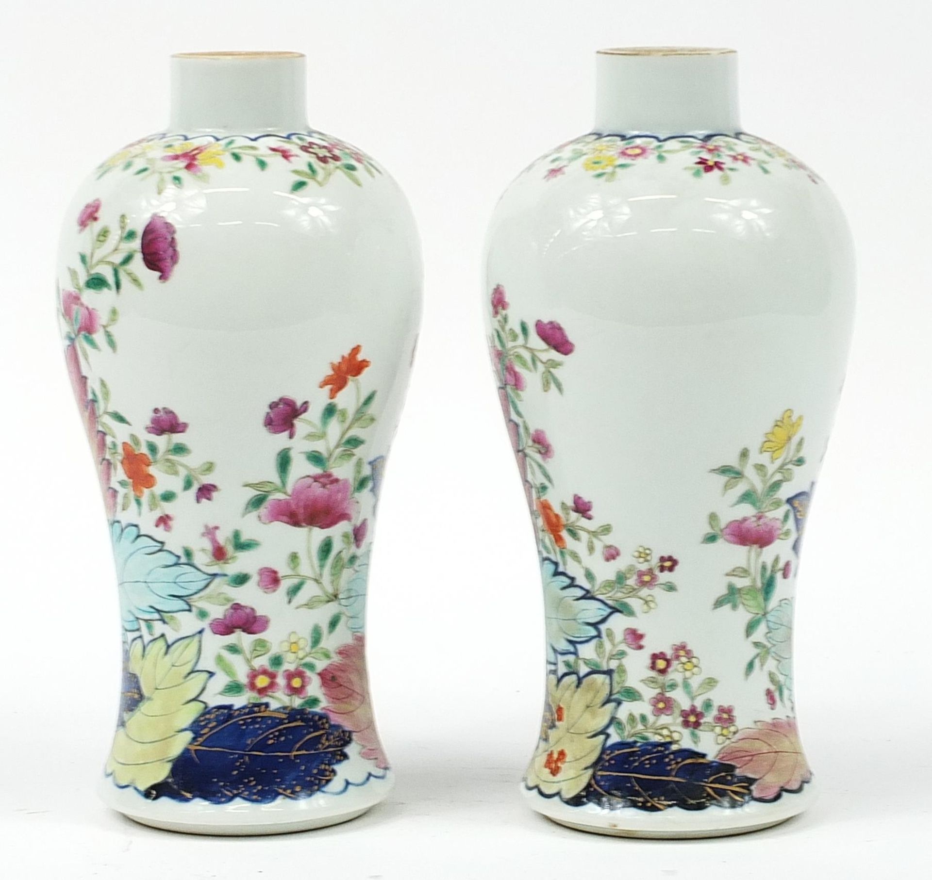 Pair of Chinese underglaze blue and famille rose porcelain baluster vases hand painted with flowers, - Image 2 of 3
