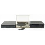 Audio equipment comprising vintage Sony PS-636 turntable, Yamaha stereo receiver RX-V590RDS and