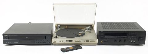 Audio equipment comprising vintage Sony PS-636 turntable, Yamaha stereo receiver RX-V590RDS and