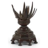 Chinese patinated bronze lotus tortoise oil lamp, 14.5cm high