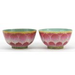 Pair of Chinese famille rose porcelain lotus flower footed bowls, six figure character marks to