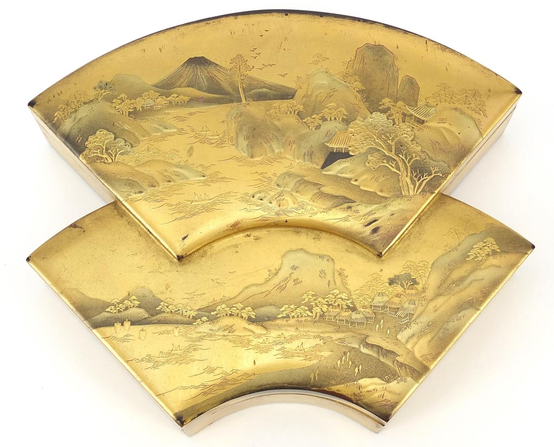 Japanese Makie lacquer box and cover decorated with with landscapes and Mount Fuji, 13.5cm wide - Image 2 of 4