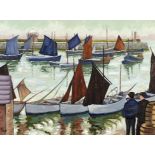 Figures before boats in a harbour, modern British school oil on canvas board, mounted and framed,