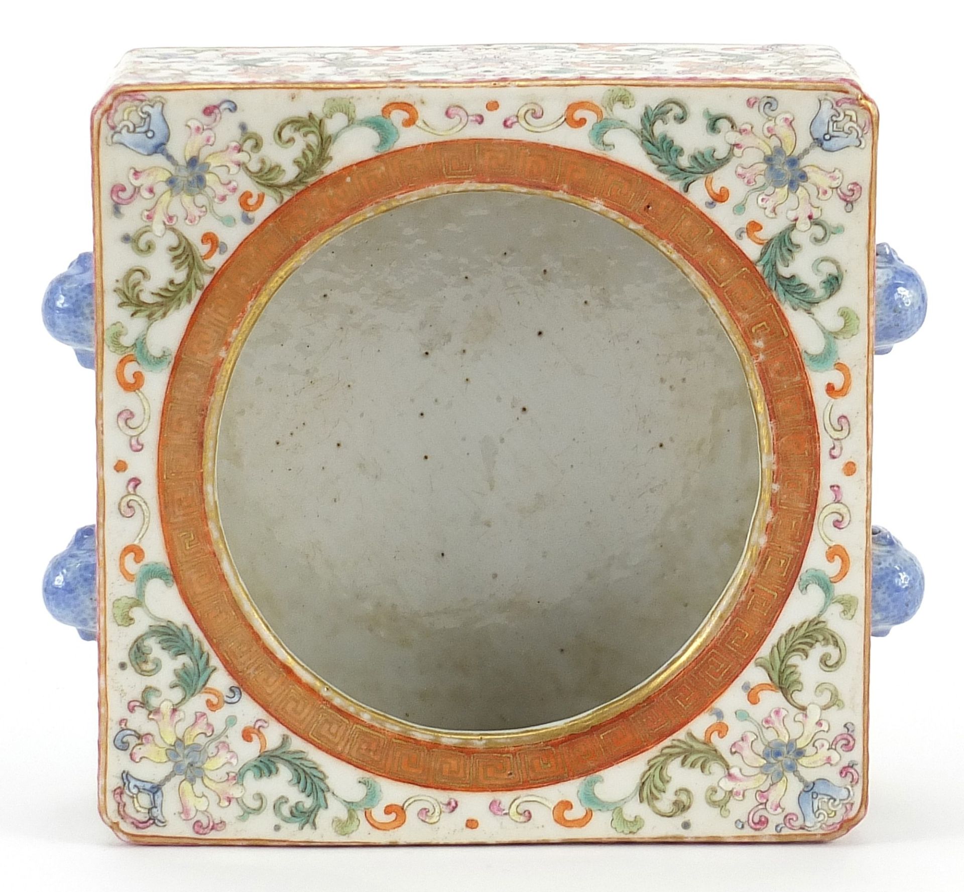 Chinese porcelain square section brush washer with animalia handles, finely hand painted in the - Image 3 of 4