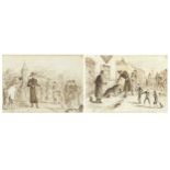 Street scenes with figures, pair of 19th century inks, one monogrammed and dated 1880 and