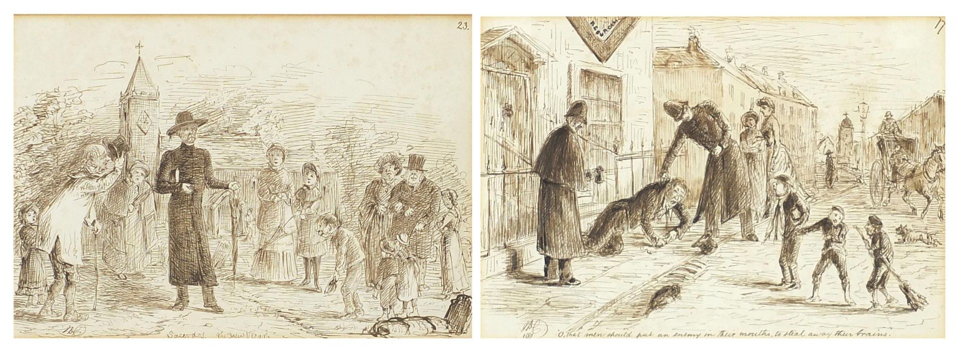 Street scenes with figures, pair of 19th century inks, one monogrammed and dated 1880 and