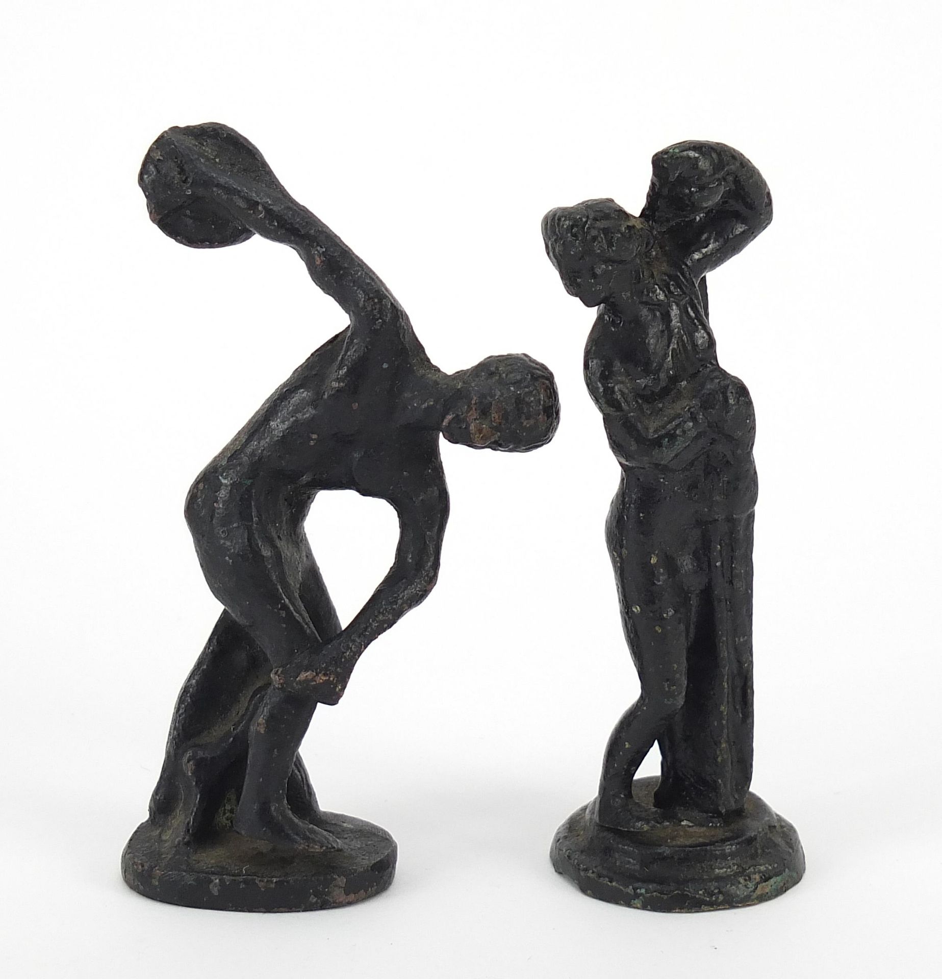 Two bronze metal sculptures including Discobolus, the largest 10cm high