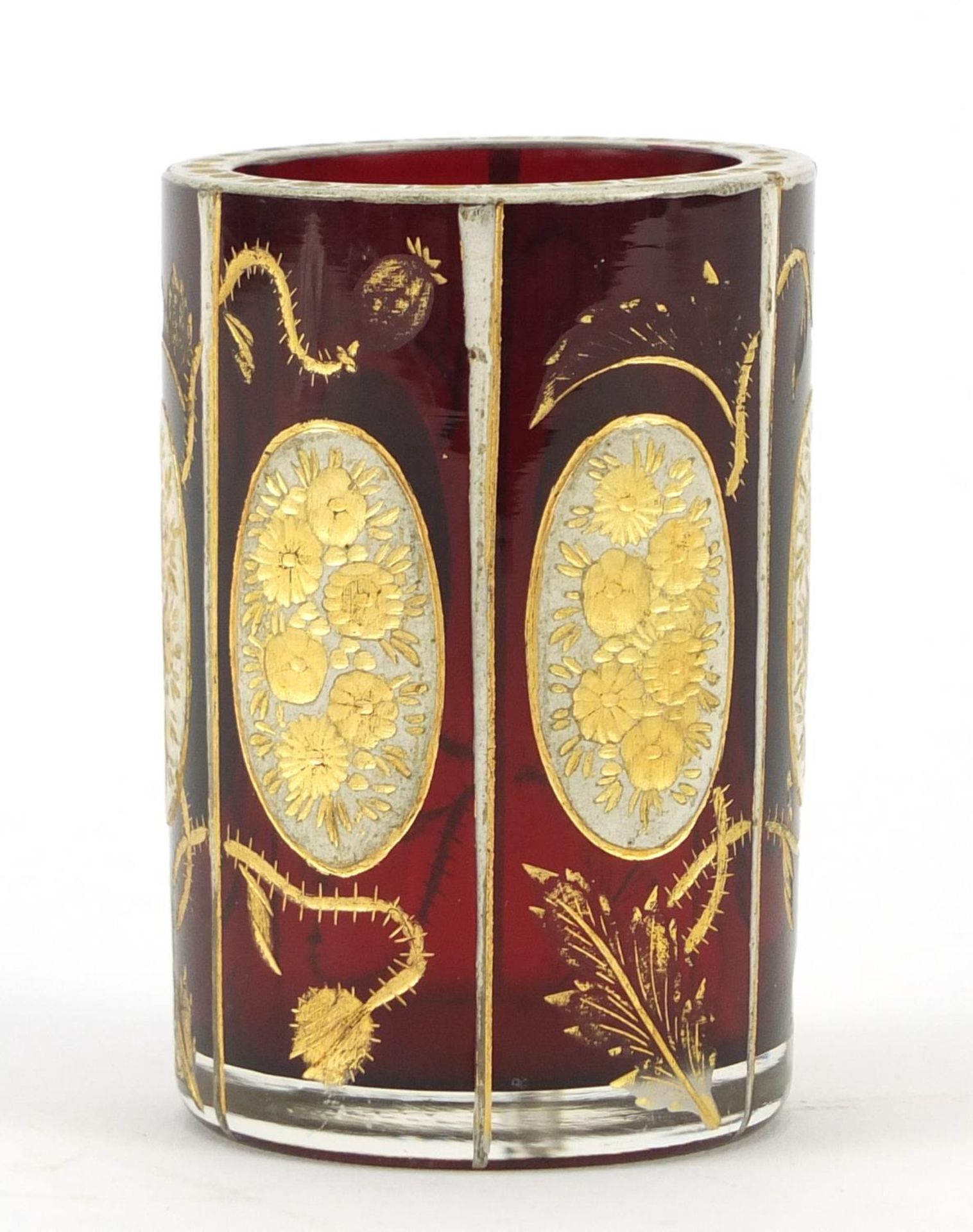 Bohemian ruby glass vase, gilded with flowers and thistles, 7.5cm high There are a few small chips - Image 4 of 8