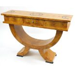 Art Deco design walnut and bird's eye maple effect console table with frieze drawer, 85.5cm H x