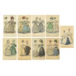 Set of nine 19th century coloured fashion plates including summer riding dress, evening dress and