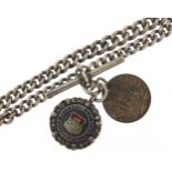 Graduated silver watch chain with T bar, silver and enamelled jewel and an antique coin, 34cm in