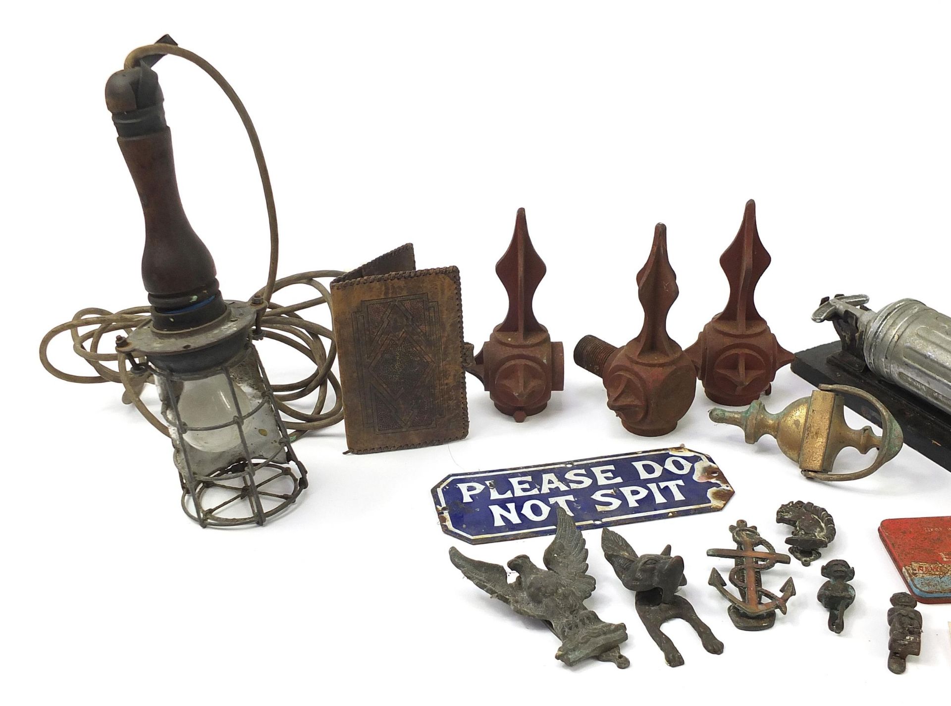 Sundry items including Victorian cast iron street lamp finials, brass door knockers, Pyrene fire - Image 2 of 4